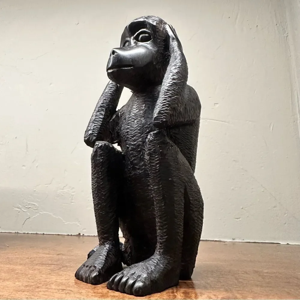 Vintage | Hand Carved ebony wood “HEAR NO EVIL” monkey wooden statue 6.5” - Picture 2 of 11